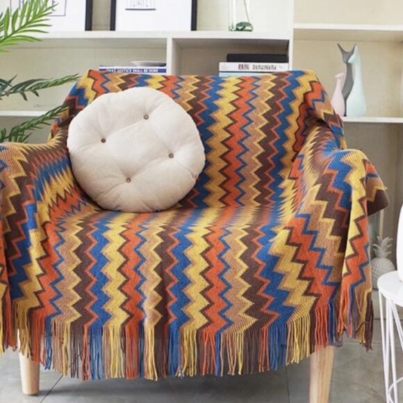 Bohemian Zigzag Coffee Tassel Blanket - Picture 1 of 10